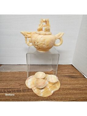 Vintage 5-piece Asian Carved Alabaster Dragon Teapot Set